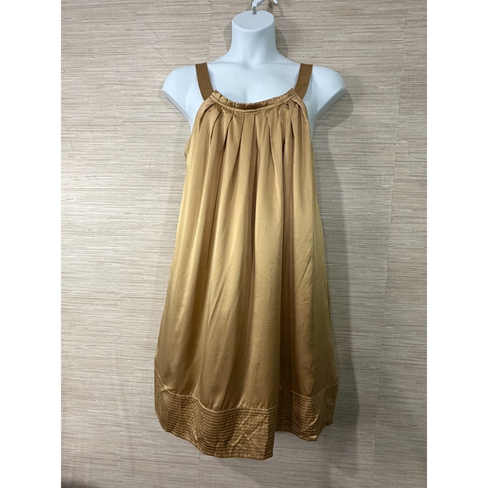 BCBGMAXAZRIA Pleated Tank Dress Womens L Gold Silk Bubble Hem Party Cocktail